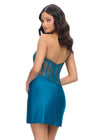 Back - Peacock ASHLEYlauren 4691 one shoulder cocktail dress featuring a fully beaded corset bustier with press-on stones, a wrap skirt, and a left leg slit for an elegant and glamorous look.