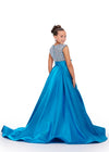 Back - Peacock ASHLEYlauren 8247 adorable kids ball gown featuring a fully embellished cap sleeve bodice, ruched waistline, and a full satin skirt accented with a bow for a charming and elegant look.