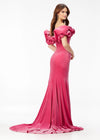 Back - Pink ASHLEYlauren 11217 – A magnificent off-shoulder velvet gown featuring oversized ruffle details, a contour seamed skirt with a left leg slit, and a dramatic train. Perfect for making a bold, elegant statement at any event.