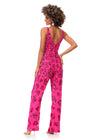Back - Pink ASHLEYlauren 11355 fully hand-beaded jumpsuit featuring an intricate floral bead pattern, V-neckline, V-back, and straight leg pants.
