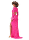 Back - Pink ASHLEYlauren 11364 beaded gown featuring a V-neckline, crisscross cut-out bodice, long sleeves trimmed with feathers, left leg slit, and a sweep train for added drama.
