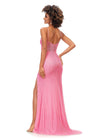 Back - Pink ASHLEYlauren 11369 fully liquid beaded gown featuring an exposed bustier, delicate spaghetti straps, left leg slit, and a sweep train for a glamorous finish.