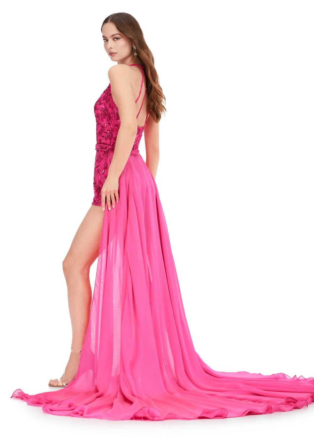 ASHLEYlauren 11386 Halter V Neck Romper With Overskirt ASHLEYlauren 11386 Halter V Neck Romper With Overskirt