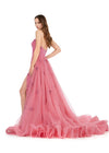 Back - Pink ASHLEYlauren 11405 strapless gown featuring a sweetheart neckline, fully sequined design, glimmering beadwork, full tulle overskirt, and left leg slit for added elegance.