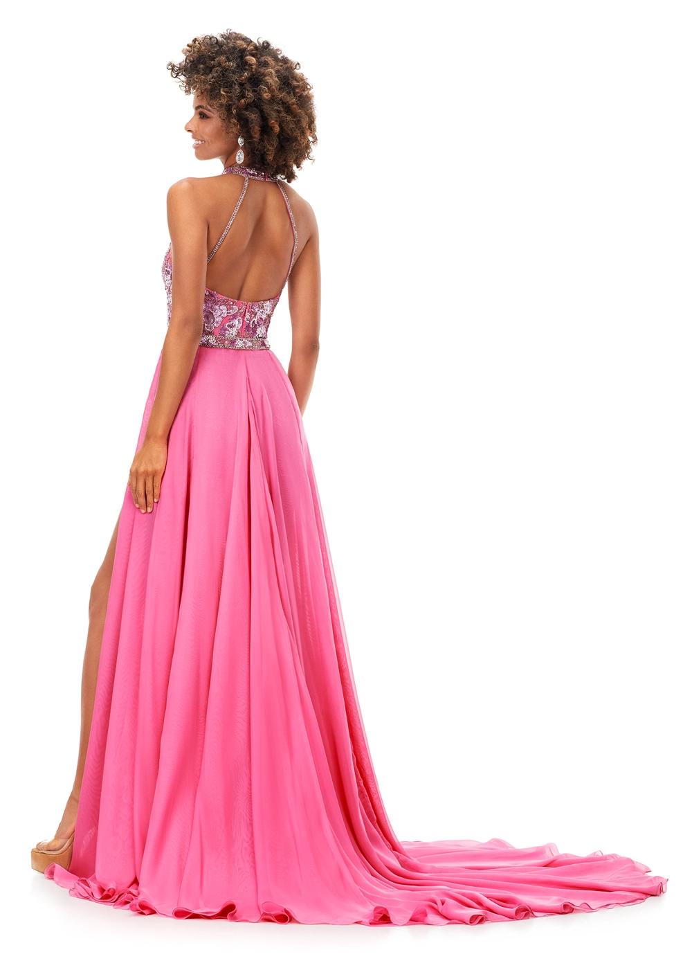 Back - Pink ASHLEYlauren 13354 hand-beaded romper featuring an intricate floral motif, halter neckline, beaded belt, and a detachable chiffon overskirt for a glamorous and versatile look.