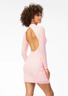 Back - Pink ASHLEYlauren 4252 fully beaded cocktail dress featuring long sleeves, a modern high neckline, fitted silhouette, and a sexy open back for a striking evening look.