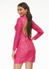 Back - Pink ASHLEYlauren 4252 fully beaded cocktail dress featuring long sleeves, a modern high neckline, fitted silhouette, and a sexy open back for a striking evening look.