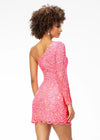 Back - Pink ASHLEYlauren 4498 fitted one shoulder cocktail dress featuring an intricate peacock-inspired sequin bead pattern, single sleeve, and a front left leg slit for a bold and elegant look.