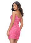 Back - Pink ASHLEYlauren 4500 strapless gown featuring a plunging V-neckline, ornate sequin bead pattern, and striking V-back for a bold and glamorous look.
