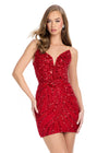 Red ASHLEYlauren 4500 strapless gown featuring a plunging V-neckline, ornate sequin bead pattern, and striking V-back for a bold and glamorous look.