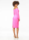 Back - Pink ASHLEYlauren 4514 elegant off shoulder scuba gown featuring long sleeves, a tea-length fitted skirt, high back with exposed zipper, and back center vent for a sophisticated and timeless look.