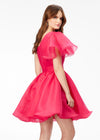 Back - Pink ASHLEYlauren 4524 organza cocktail dress featuring a one shoulder neckline with a flutter sleeve, an A-line skirt with a wire hem for added structure, and a playful, sassy vibe.