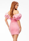 Back -  Pink ASHLEYlauren 4528 off shoulder stretch velvet cocktail dress featuring an oversized ruffle detail and contoured seaming throughout the fitted skirt for a chic, curve-enhancing look.