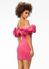 Back - Pink ASHLEYlauren 4528 off shoulder stretch velvet cocktail dress featuring an oversized ruffle detail and contoured seaming throughout the fitted skirt for a chic, curve-enhancing look.