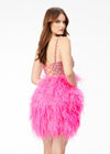 Back - Pink ASHLEYlauren 4537 cocktail dress featuring a fully encrusted crystal square neckline, spaghetti straps, lace-up back, fully beaded bustier, and a full feather skirt for a bold and glamorous look.