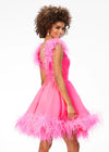 Back - Pink ASHLEYlauren 4544 organza A-line cocktail dress featuring a ruched V-neckline bustier, feather-detailed straps, a ruched waistline, and an A-line skirt trimmed in feathers for an elegant and whimsical finish.