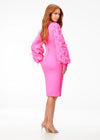 Back - Pink ASHLEYlauren 4545 elegant scuba cocktail dress featuring a scoop neckline, bishop sleeves embellished with scattered crystals and feathers, a fitted tea-length skirt, and a full zipper back for a sophisticated finish.