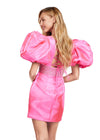 Back - Pink ASHLEYlauren 4549 cocktail dress featuring a V-neckline, oversized puff sleeves, heat set stone-embellished waistband, fitted skirt, and center lace-up back for a bold and glamorous look.