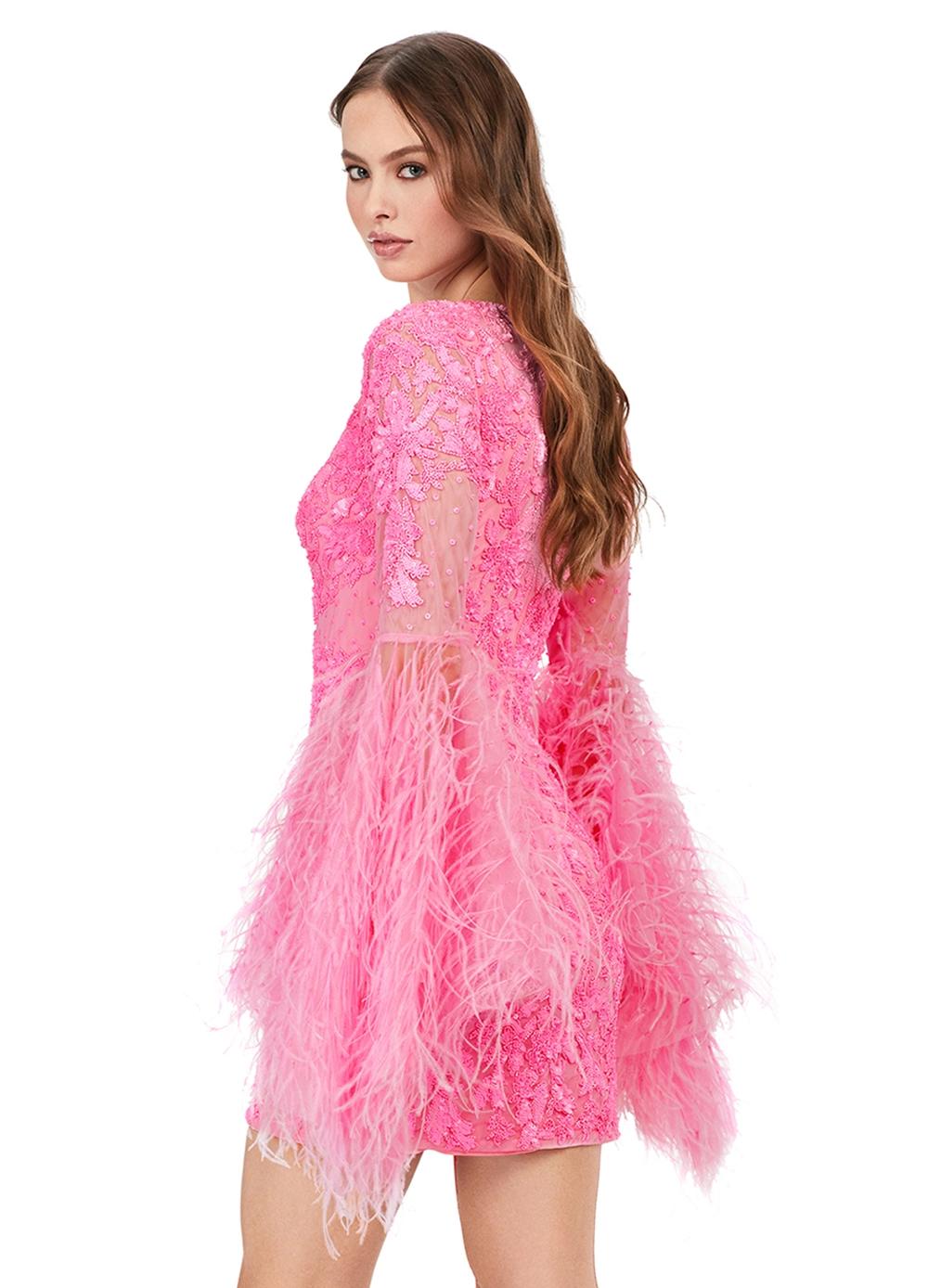 Back - Pink ASHLEYlauren 4603 fully beaded cocktail dress featuring a V-neckline, feather-adorned flare sleeves, full back, and fitted skirt for a bold and glamorous statement look.