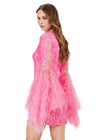 Back - Pink ASHLEYlauren 4603 fully beaded cocktail dress featuring a V-neckline, feather-adorned flare sleeves, full back, and fitted skirt for a bold and glamorous statement look.