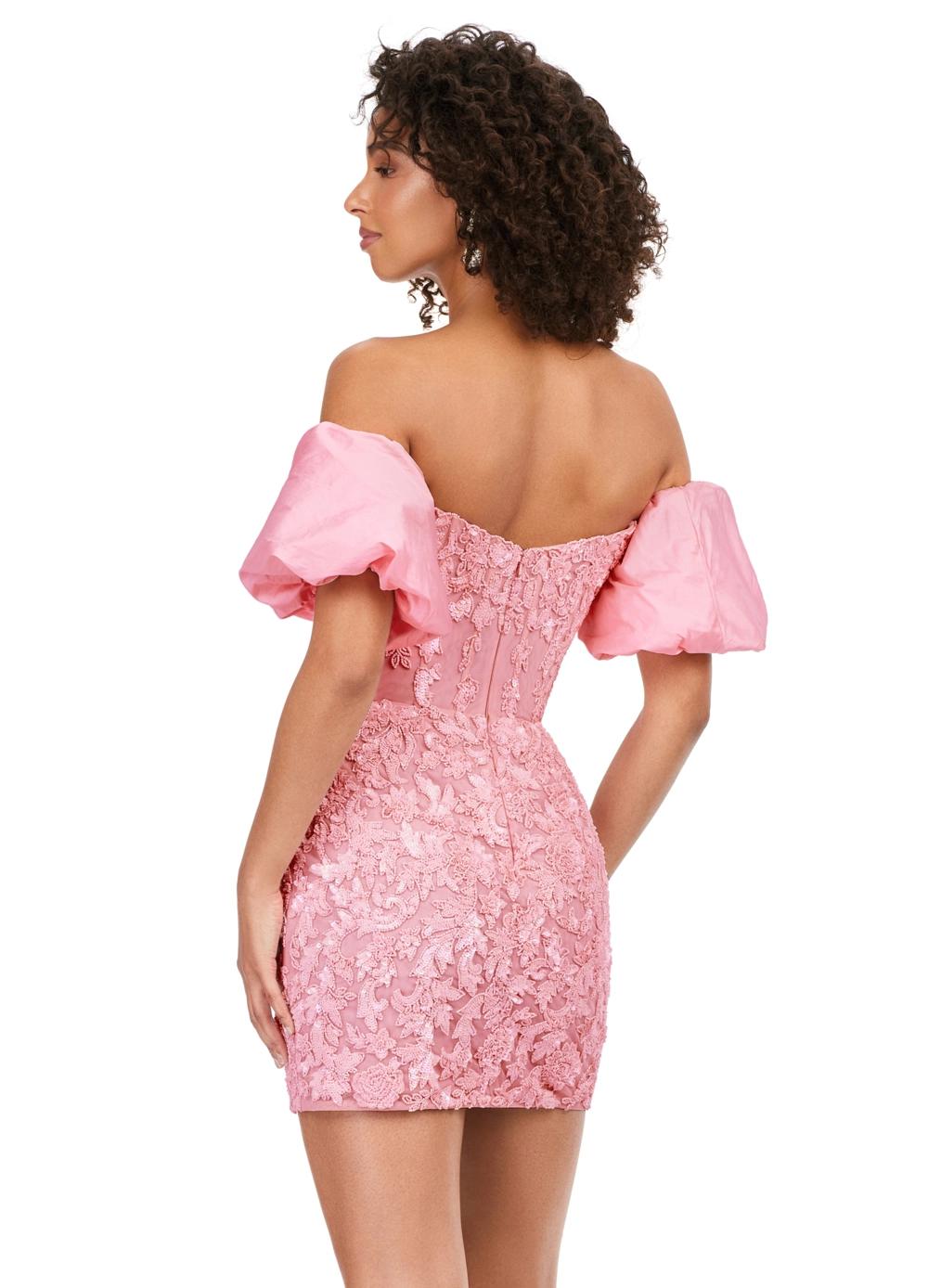 Back - Pink ASHLEYlauren 4614 fully beaded cocktail dress featuring a strapless corset bustier, intricate beadwork, and dramatic taffeta puff sleeves for an elegant and standout look.