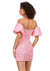 Back - Pink ASHLEYlauren 4614 fully beaded cocktail dress featuring a strapless corset bustier, intricate beadwork, and dramatic taffeta puff sleeves for an elegant and standout look.