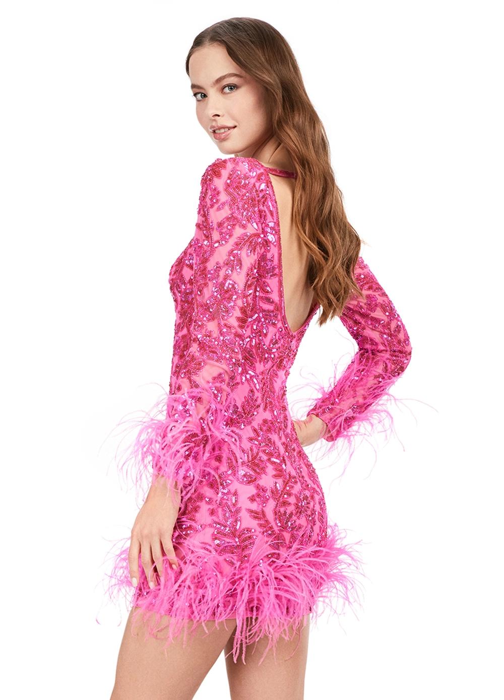 Back - Pink ASHLEYlauren 4616 fully sequin cocktail dress featuring a V-neckline, open back, fitted skirt, and feather details along the skirt and sleeves for a luxurious and dramatic look.
