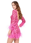 Back - Pink ASHLEYlauren 4616 fully sequin cocktail dress featuring a V-neckline, open back, fitted skirt, and feather details along the skirt and sleeves for a luxurious and dramatic look.