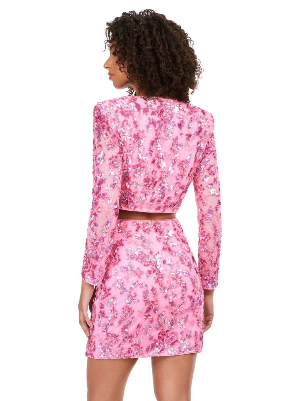 Back - Pink ASHLEYlauren 4618 three piece set featuring a fully liquid beaded crop top, intricately beaded jacket, and a fitted skirt with a slit for a bold and fashionable statement look.