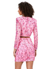 Back - Pink ASHLEYlauren 4618 three piece set featuring a fully liquid beaded crop top, intricately beaded jacket, and a fitted skirt with a slit for a bold and fashionable statement look.
