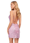 Back - Pink ASHLEYlauren 4625 fully beaded sequin cocktail dress featuring a sweetheart neckline, double spaghetti straps, fitted silhouette, and lace-up back for a glamorous and elegant look.
