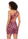 Back - Pink ASHLEYlauren 4630 fully beaded cocktail dress featuring a one shoulder neckline, hand-beaded cheetah design, fitted skirt, and lace-up back for a bold and standout look.