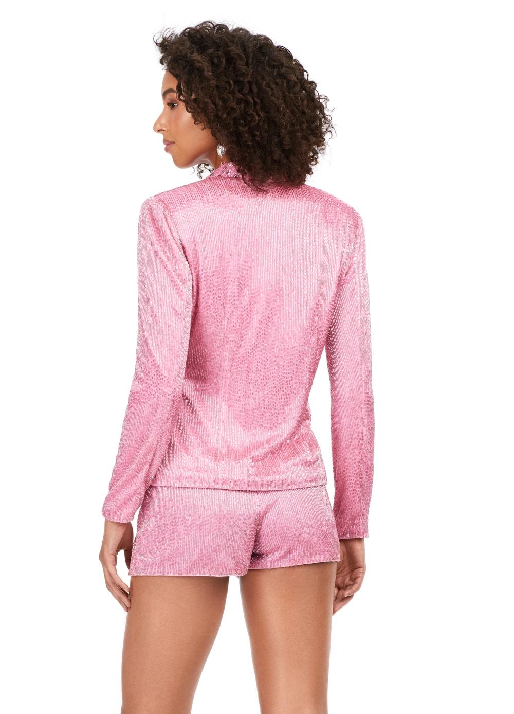 Back - Pink ASHLEYlauren 4632 fully liquid beaded two-piece romper featuring a V-neckline, crystal and chunky stone-embellished lapel, and a bold, statement-making design perfect for any glamorous event.