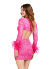 Back - Pink ASHLEYlauren 4653 fully beaded cocktail dress featuring a V-neckline, long sleeves trimmed with feathers, bold cutouts, and a fitted skirt for a fun and flirty statement look.