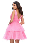 Back - Pink ASHLEYlauren 4695 A-line cocktail dress featuring a glitter tulle fabric, illusion V-neckline, and heat-set stones throughout each tier for a sparkling and glamorous look.