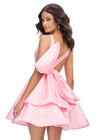 Back - Pink ASHLEYlauren 4781 Mikado cocktail dress featuring a deep V-neckline, open back with an inverted bow detail, and an A-line skirt for a chic and elegant statement look.
