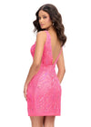 Back - Pink ASHLEYlauren 4790 fully hand-beaded cocktail dress featuring a V-neckline, V-back, illusion side cut outs, and a fitted silhouette for a glamorous and show-stopping look.