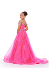 Back - Pink ASHLEYlauren 8242 kids gown featuring an off-shoulder design, crystal beaded straps, neckline trim, and belt, adorned with lace applique, press-on stones, and feather accents for a glamorous and elegant look.