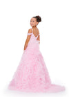 Back - Pink ASHLEYlauren 8246 elegant kids ball gown featuring a scoop neckline, draping off-shoulder straps, lace applique bodice adorned with scattered heat-set stones, and a dramatic A-line tulle ruffle skirt for a sophisticated and show-stopping look.