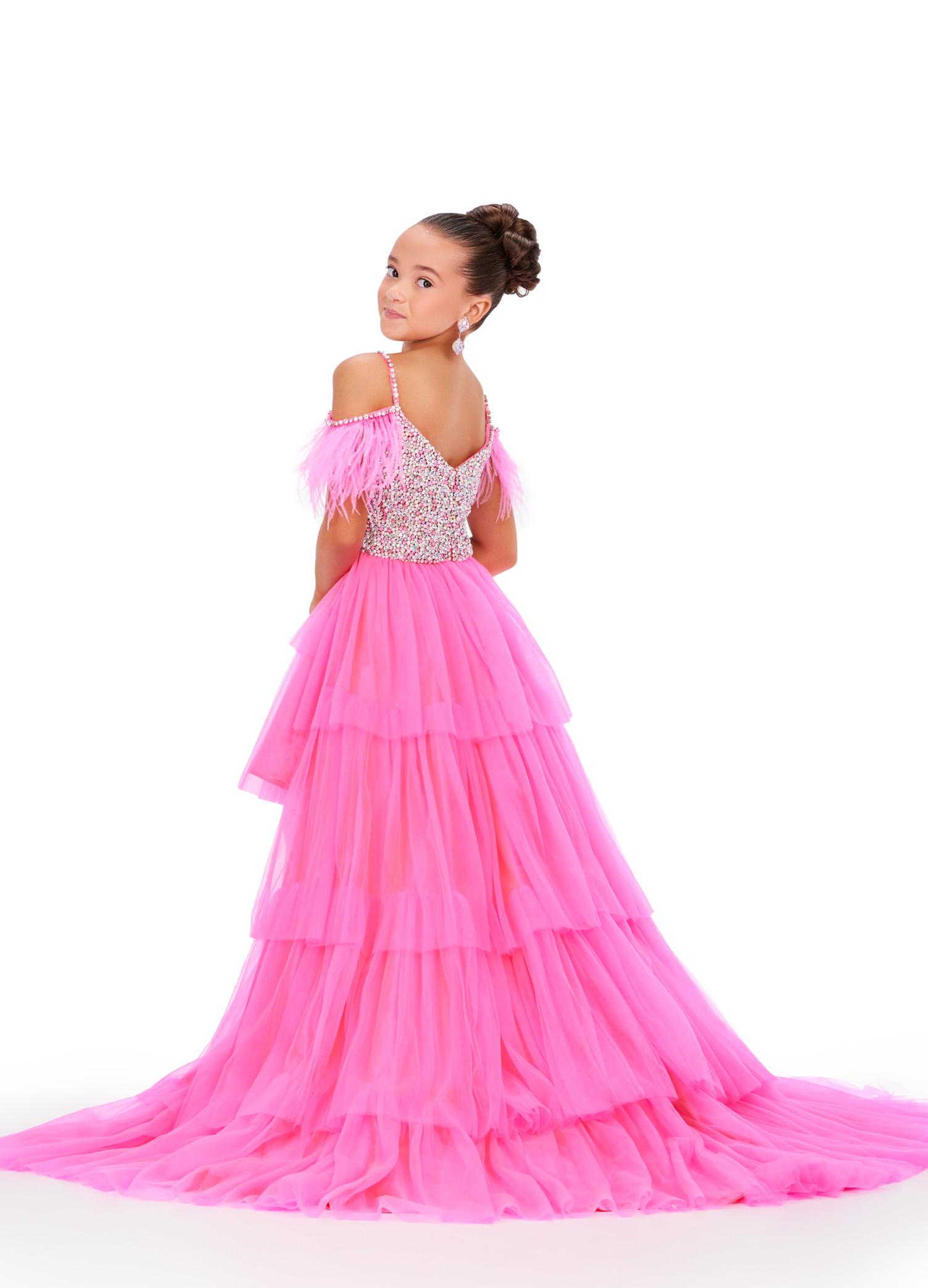 Back - Pink ASHLEYlauren 8259 fun and flirty kids high-low tulle dress featuring a V-neckline, V-back, off shoulder feather straps, and a crystal-encrusted beaded bustier for a dazzling and stylish look.
