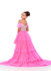 Back - Pink ASHLEYlauren 8259 fun and flirty kids high-low tulle dress featuring a V-neckline, V-back, off shoulder feather straps, and a crystal-encrusted beaded bustier for a dazzling and stylish look.