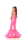 Back - Pink ASHLEYlauren 8265 super sassy kids jersey jumpsuit featuring a halter neckline, heat-set stone embellishments, and flared organza bell-bottom pant legs for a bold and stylish look.
