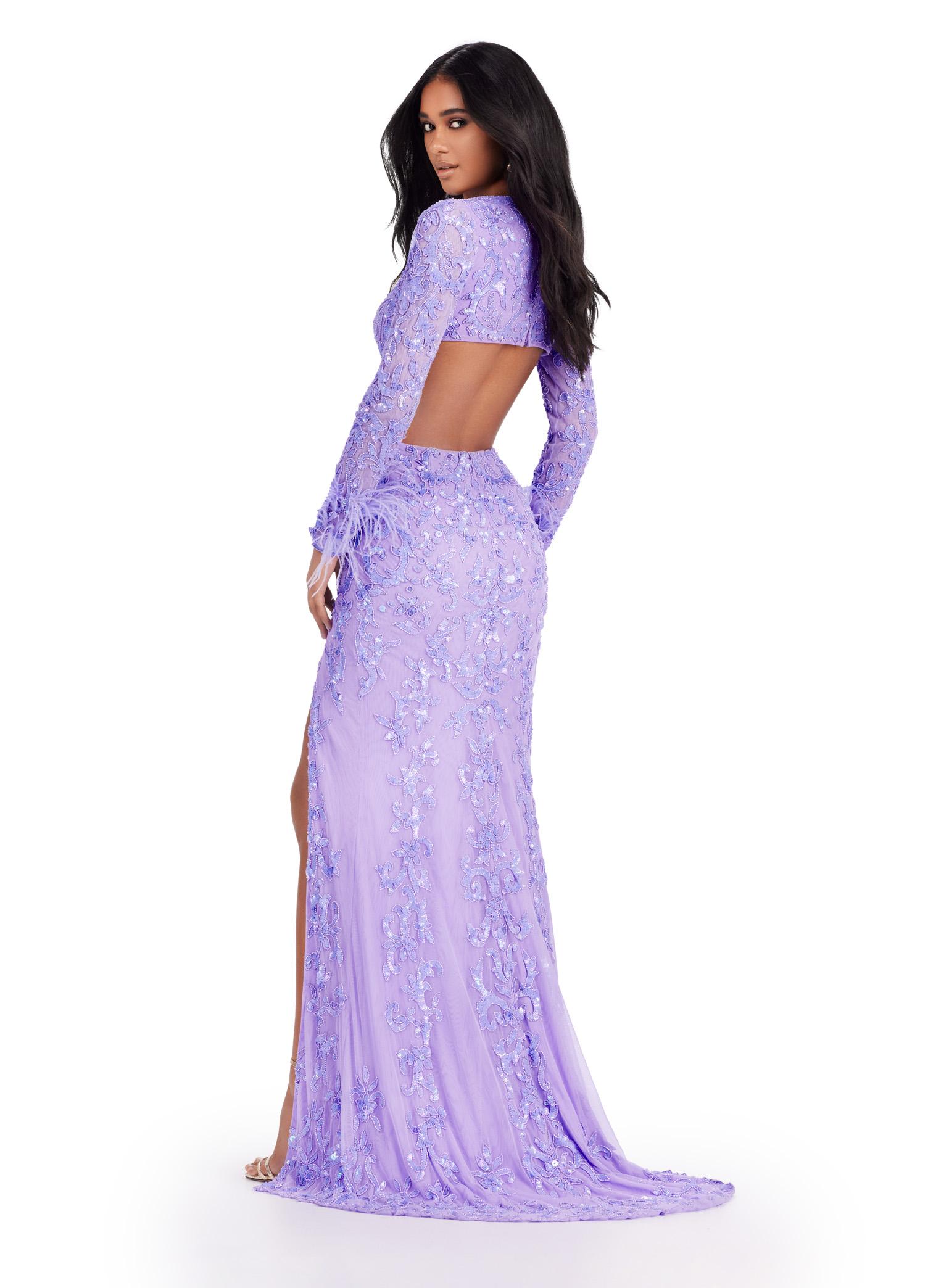 Back - Purple ASHLEYlauren 11364 beaded gown featuring a V-neckline, crisscross cut-out bodice, long sleeves trimmed with feathers, left leg slit, and a sweep train for added drama.