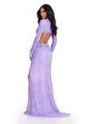 Back - Purple ASHLEYlauren 11364 beaded gown featuring a V-neckline, crisscross cut-out bodice, long sleeves trimmed with feathers, left leg slit, and a sweep train for added drama.