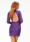 Back - Purple ASHLEYlauren 4252 fully beaded cocktail dress featuring long sleeves, a modern high neckline, fitted silhouette, and a sexy open back for a striking evening look.