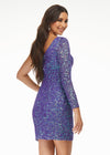 Back - Purple ASHLEYlauren 4457 fully hand-beaded cocktail dress featuring a one shoulder sleeve and a fitted skirt for a sleek and glamorous silhouette.