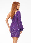 Back - Purple ASHLEYlauren 4497 fully hand-beaded cocktail dress featuring a one shoulder neckline, dramatic bishop sleeve, and fitted skirt for a glamorous and sophisticated look.
