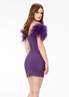 Back - Purple ASHLEYlauren 4523 off shoulder scuba cocktail dress featuring a sweetheart neckline, feather details, and signature contour seaming for a flattering and elegant silhouette.