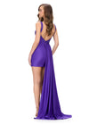 Back - Purple ASHLEYlauren 4688 unique jersey cocktail dress featuring an illusion V-neckline, press-on stone embellishments, a left leg slit, and a dramatic side skirt for an elegant and eye-catching look.