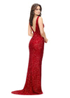Back - Red ASHLEYlauren 11081 Hand Beaded Gown with Deep V-Neckline, V-Back, and Illusion Cut Outs